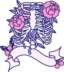 traditional tattoo with banner of a rib cage and flowers in bright neon color