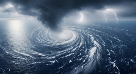 Fototapeta premium A powerful hurricane swirls over the ocean, with dark storm clouds and lightning strikes visible in the sky.