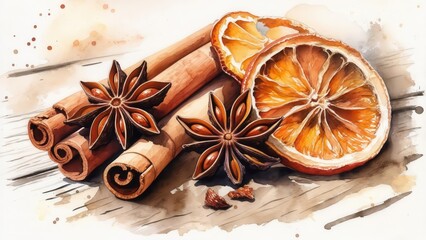 A detailed watercolor illustration of dried orange slices, cinnamon sticks, and star anise, evoking warm, inviting aromas and a cozy holiday feeling. Concept of winter spices