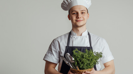 A young man in an apron and chef's hat holds kitchen utensils,