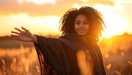 Young African American Woman in Brown Shawl Enjoys Golden Sunset Field Portrait