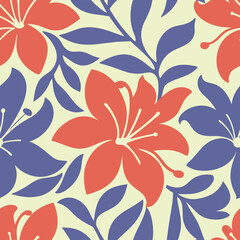 Seamless floral pattern with coral lilies and blue leaves on a cream background.