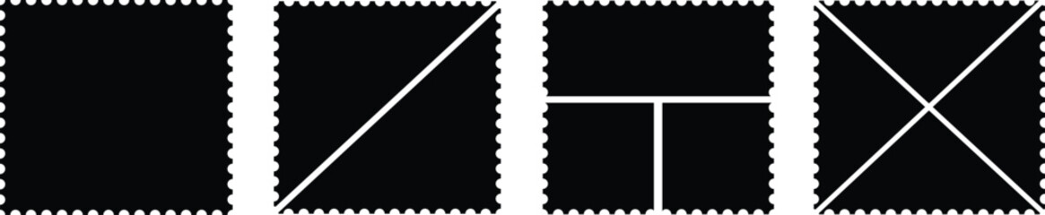 Black postage stamp borders set vector illustration.  Postage stamp frames. Postage stamp vector icons. Mockup postcard album stamps