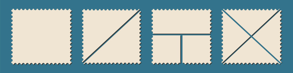 Set of vintage postage stamps. Blank postage stamp borders vector illustration. Postage stamp frames. Postage stamp vector icons. Mockup postcard album stamps.