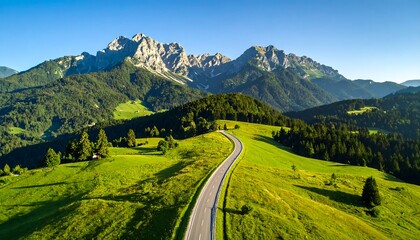 Mountain road winding through green alpine landscape with forest and clouds in the summer mountains.