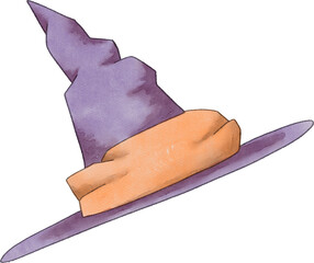 Cute watercolor PNG illustration of purple witch hat with orange band tilted angle with transparent background