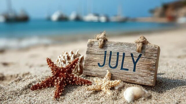 July sign on white sand beach with starfish and shells and blue summer ocean view, July month background
