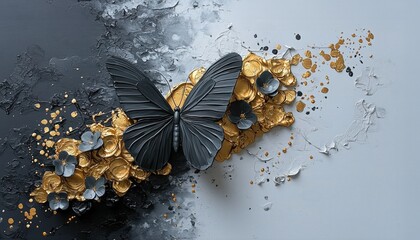 Elegant black butterfly on gold and silver floral abstract art for luxury decor.
