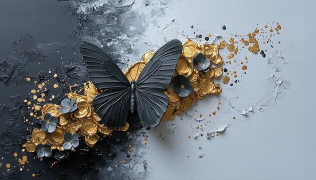 Elegant black butterfly on gold and silver floral abstract art for luxury decor.
