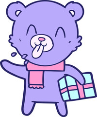 rude cartoon bear with present in bright neon color