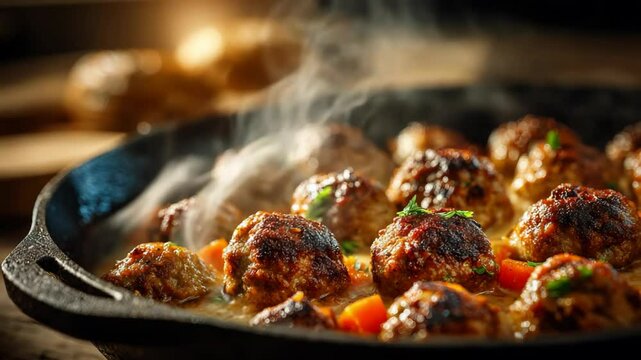 close up hot  meat ball stew with steam and bubbling soup 