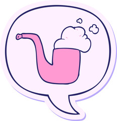 cartoon old smoking pipe with speech bubble sticker in bright neon color