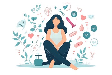 Illustration of a woman sitting cross-legged surrounded by health-related icons, symbols, and plants, representing wellness, science, and holistic living in a vibrant and engaging design