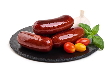 Roasted Sausages on Black Slate plate, isolated on white background