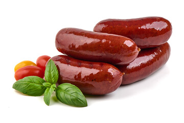 Smoked Sausages with Tomatoes, Basil, isolated on white background