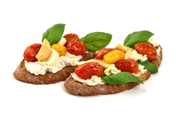 Bruschetta with Cherry Tomatoes, Ricotta, Basil, Bread, isolated on white background