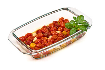 Roasted Cherry Tomatoes, Garlic, Basil, isolated on white background
