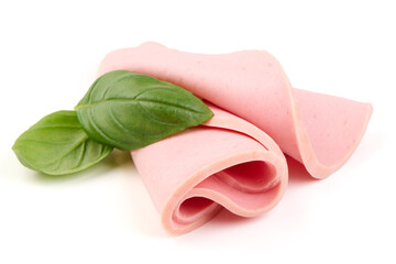 Bologna Slices with Basil, isolated on white background