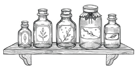 Vector illustration of a shelf with labeled glass apothecary bottles. Outline drawing with containers or jars for herbal remedy packaging, traditional medicine and botanical product in vintage style.