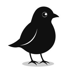 A minimalist, vector-style silhouette of a small, plump bird standing on thin legs. The bird is facing left, with its beak pointed forward and its tail slightly raised. The silhouette is a solid, deep