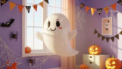 Adorable ghost-shaped balloon floating in a pastel kids room, Halloween party setup, soft lighting and cheerful mood.