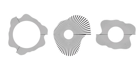 Circular sound waves, depicting audio music, round symbols of voice, icons and logos for equalizers, radial spectrum designs, ring patterns. Flat vector illustrations isolated on white background.