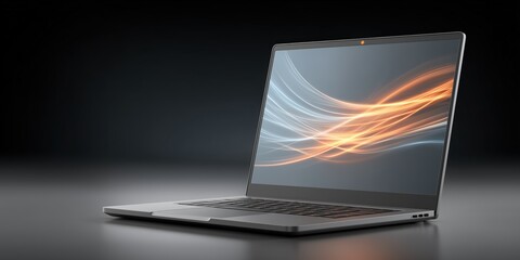 Fast laptop computer with glowing data trails symbolizing high-speed internet and technology innovation.