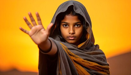 Young Girl with Brown Headscarf Extending Hand in Stop Gesture At Golden Sunset