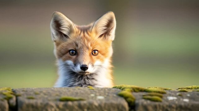 Young fox peeking over mossy stone wall wildlife nature photography