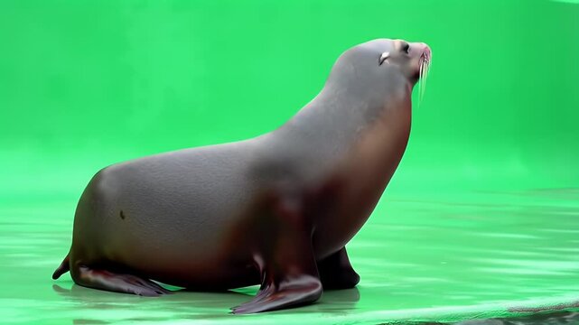 Sea Lion Portrait on Green Screen Background