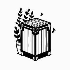 Minimalistic black-and-white cajón illustration with plant and musical notes in clean vector style