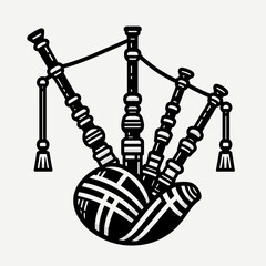 Bagpipes illustration in black and white with decorative details  