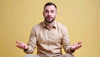 Young Man in Beige Shirt Explaining with Open Palms in Bright Yellow Studio