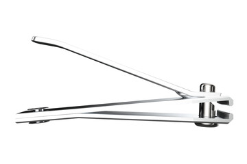 High-resolution close-up of shiny silver metallic nail clippers, opened and isolated on a transparent PNG HD background, a sleek stainless steel grooming tool for precise personal hygiene, essential