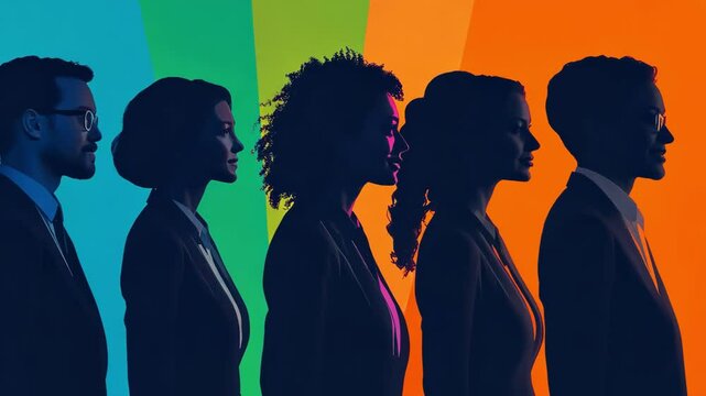 Diverse group of business people silhouettes in colorful, vibrant, business background.