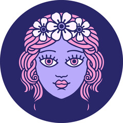 iconic tattoo style image of female face with crown of flowers in bright neon color