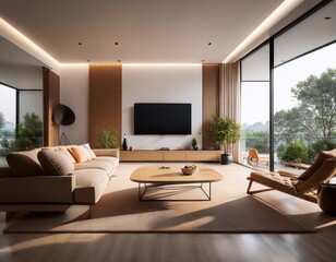 Fototapeta premium modern minimalist living room with wooden furniture large tv and warm lighting in a bright interior space with large window and natural light