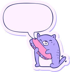 cartoon cat loving the amazing sandwich he's just made for lunch with speech bubble sticker in bright neon color