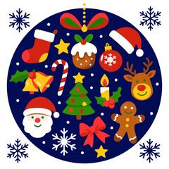 3D Shadow Box, 11 layers – Christmas round layered clipart with Santa, reindeer, tree, gingerbread and holiday icons