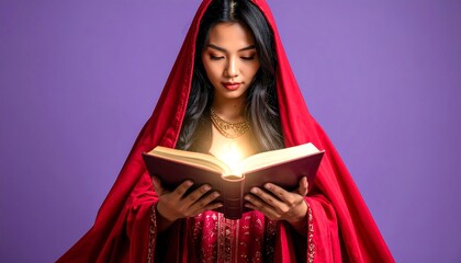 Young Woman in Red Robe Holds Glowing Book Against a Purple Background