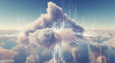 Digital data streams erupt from a luminous core within a majestic cumulus cloud, symbolizing technological innovation and cloud computing.