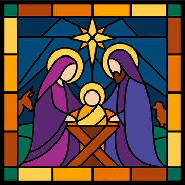 3D Shadow Box, 8 layers &ndash; Nativity stained glass with baby Jesus, Mary and Joseph, religious Christmas vector art