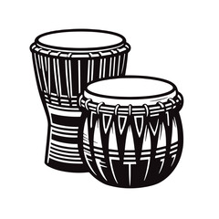 Black and white line art illustration of two djembe drums  
