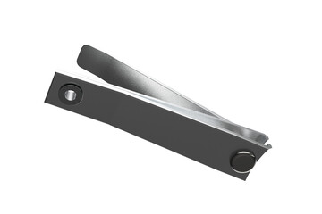 High-resolution close-up of shiny silver metallic nail clippers, opened and isolated on a transparent PNG HD background, a sleek stainless steel grooming tool for precise personal hygiene, essential