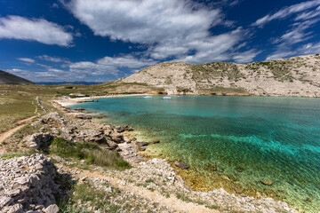 Panorama of the bay with the Vela Luka beach below, view of the beach from the top of the mountain,...