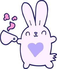 cute cartoon rabbit with love heart and coffee cup in bright neon color