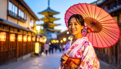 Fototapeta premium Japanese woman wearing traditional kimono and holding a fan in classic cultural attire.