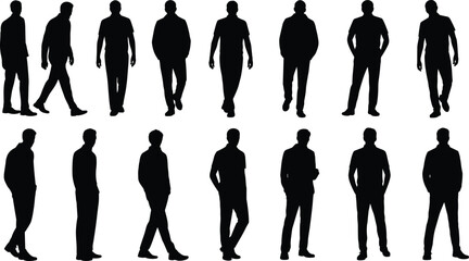 Collection of Diverse Male Silhouettes in Various Standing and Walking Poses, Representing Everyday People and Human Presence for Modern Design and Illustration Projects, Isolated on White.