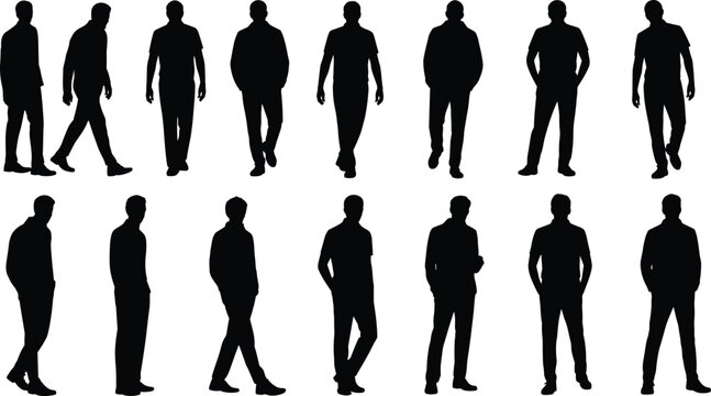 Collection of Diverse Male Silhouettes in Various Standing and Walking Poses, Representing Everyday People and Human Presence for Modern Design and Illustration Projects, Isolated on White.