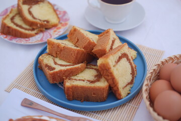 Freshly Baked Marble Cake with Eggs and Coffee